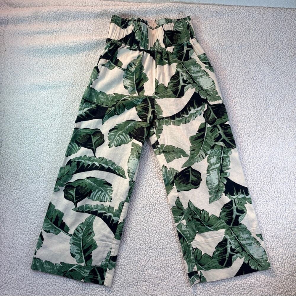 Kourt XS Tropical Leaf High Rise Wide Leg Pants Cotton Stretch Boho Festival